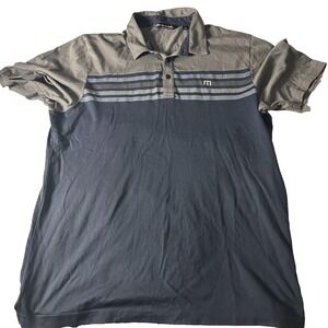 Travis Mathew Golf Polo Shirt Mens L Blue Logo Embroidered Striped‎ Stretch